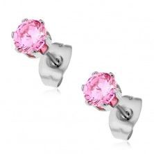 Earrings made of surgical steel, round pink zircon in mount, 6 mm