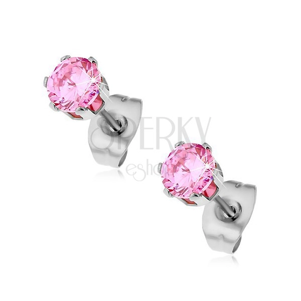 Earrings made of surgical steel, round pink zircon in mount, 6 mm