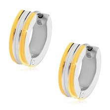 Hinged snap earrings made of 316L steel, shiny circles with strips in gold and silver colour