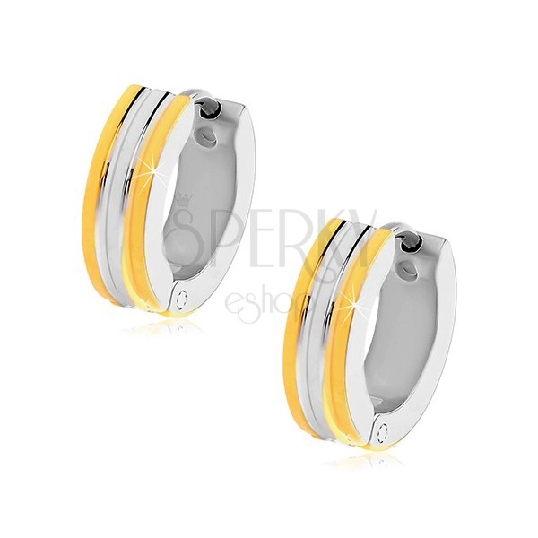 Hinged snap earrings made of 316L steel, shiny circles with strips in gold and silver colour