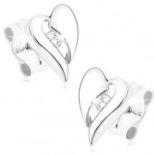 Brilliant earrings made of white 14K gold - asymmetric heart with diamond