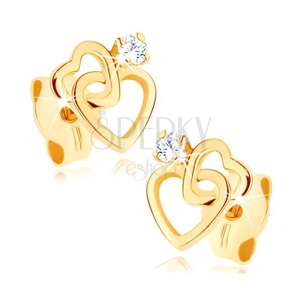 Earrings made of yellow 14K gold - joined heart contours, diamond in clear colour