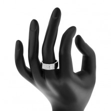Ring made of surgical steel in silver colour, thin oblique notches, zircons