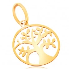 Pendant made of yellow 585 gold - small shiny flat tree of life in circle