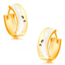 Tricoloured hinged snap earrings made of 14K gold - matt circles with sparkly wave in the middle