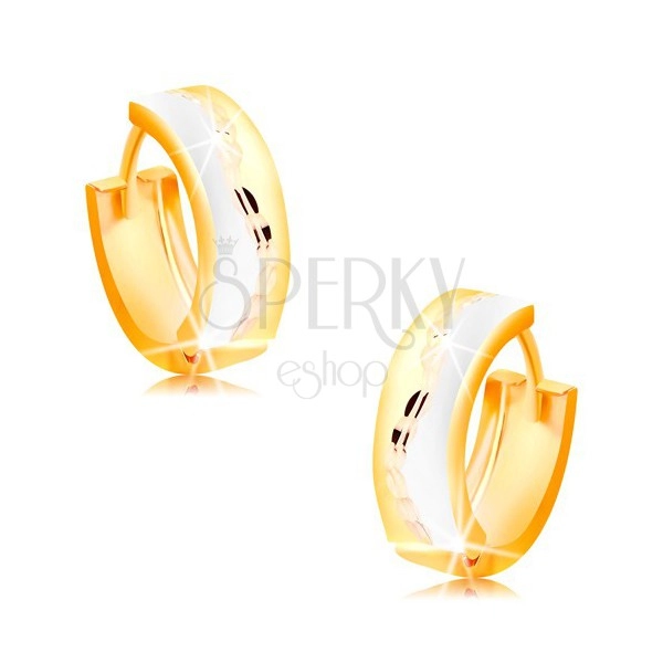 Tricoloured hinged snap earrings made of 14K gold - matt circles with sparkly wave in the middle