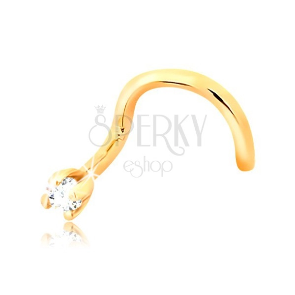 Bent nose piercing made of yellow 14K gold - clear glossy diamond, 1,5 mm