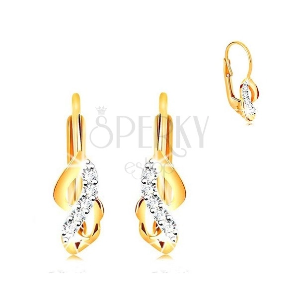 585 gold earrings - shiny bicoloured waves with clear zircons