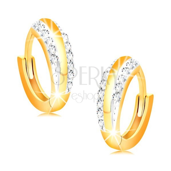 Hinged snap earrings made of 14K gold - shiny circles with clear zircon lines