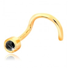 Nose piercing made of yellow 14K gold - bent shape, dark blue sapphire in mount