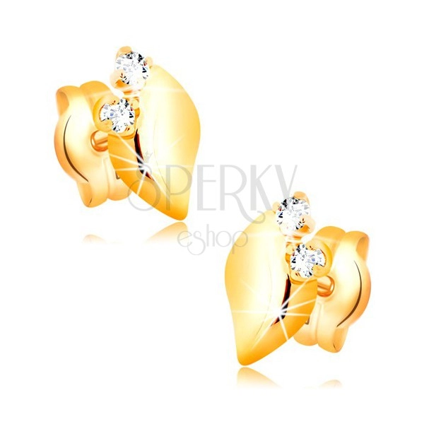 Diamond earrings made of yellow 14K gold - two clear brilliants, shniy leaf