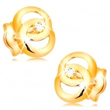 Earrings made of yellow 14K gold - two joined circles, brilliant in the middle