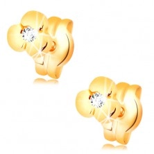 585 gold earrings - shiny flower with clear brilliant, studs