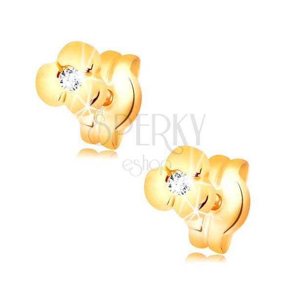 585 gold earrings - shiny flower with clear brilliant, studs