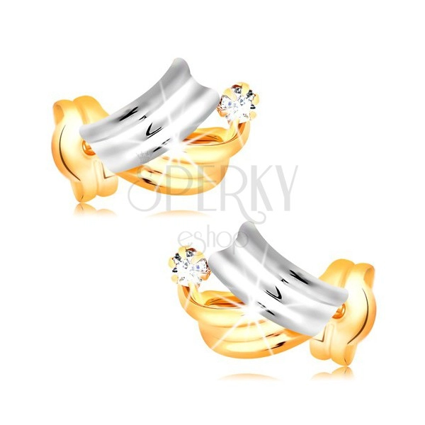 Brilliant 14K gold earrings - shiny bicoloured arcs, clear round diamond