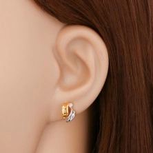 Brilliant 14K gold earrings - shiny bicoloured arcs, clear round diamond