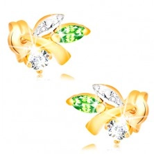 585 gold earrings - branch with leaves, green emerald, clear diamond