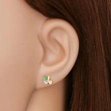 585 gold earrings - branch with leaves, green emerald, clear diamond