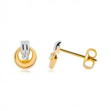 Earrings made of 14K gold - glossy clear diamond in shiny hoop, strip made of white gold 