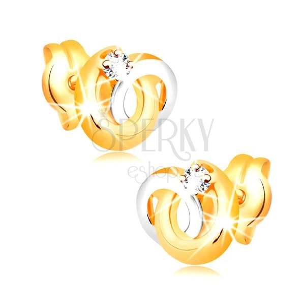 Earrings made of 14K gold - bicoloured joined hoops, sparkly clear brilliant