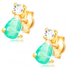 Earrings made of yellow 14K gold - teardrop green emerald, round clear diamond