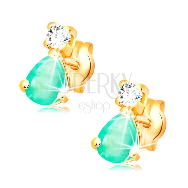 Earrings made of yellow 14K gold - teardrop green emerald, round clear diamond