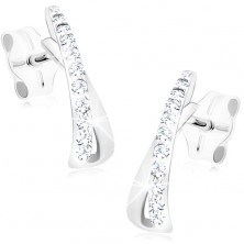 Earrings made of white 14K gold - loop curved into arch, clear zircons