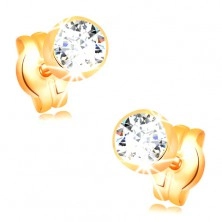 Earrings made of yellow 14K gold - round clear zircon in mount, 4 mm