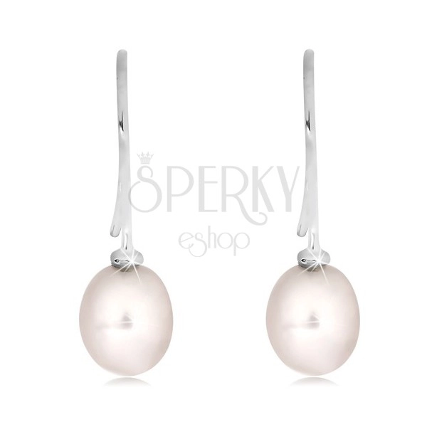 Earrings made of white 14K gold - white oval pearl on hook