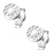 Earrings made of white 14K gold - smooth middle, rim composed of clear zircons