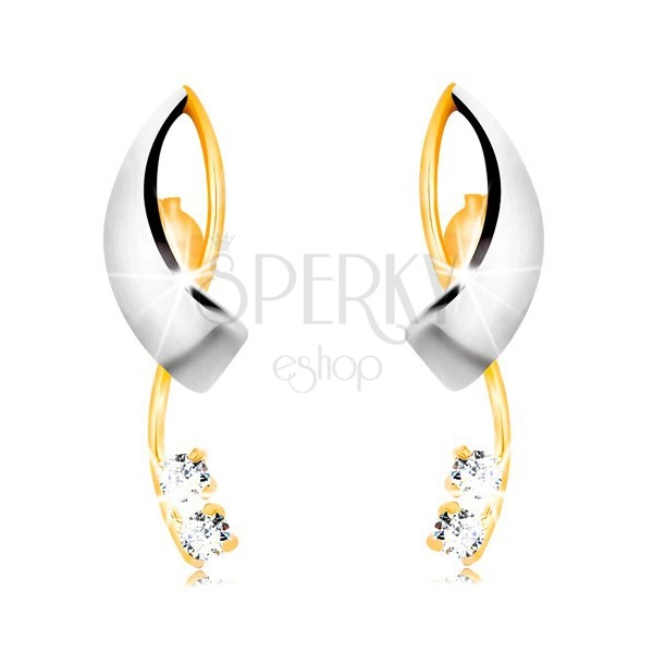 585 gold earrings - intersecting bicoloured lines, two clear zircons