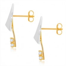 585 gold earrings - intersecting bicoloured lines, two clear zircons