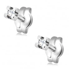 Earrings made of white 14K gold - round clear zircon, 1,5 mm