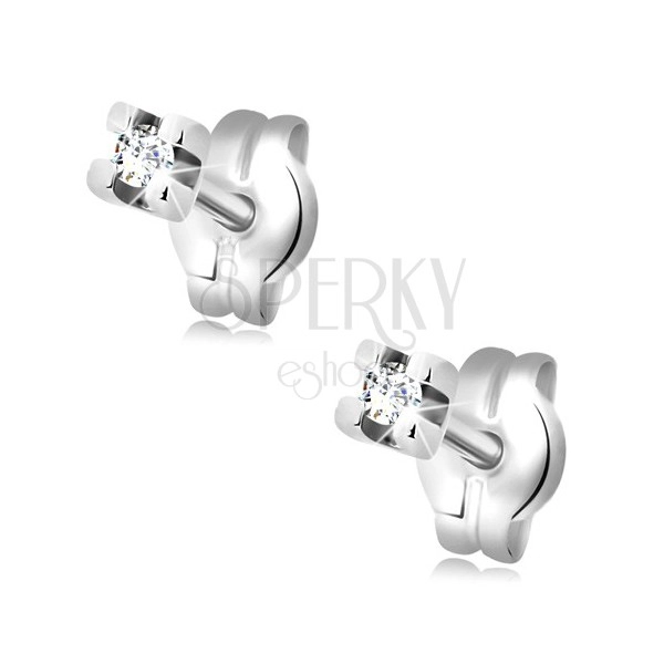Earrings made of white 14K gold - round clear zircon, 1,5 mm