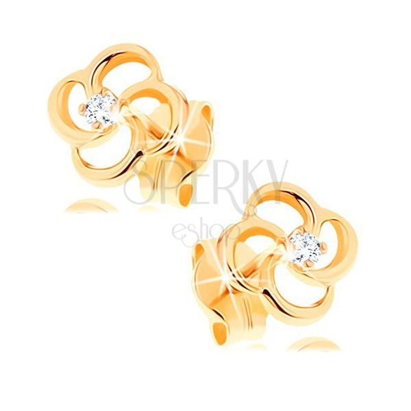 Brilliant earrings made of yellow 14K gold - flower with clear diamond