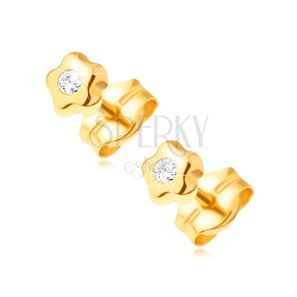 585 gold earrings - tiny flower with clear glossy diamond