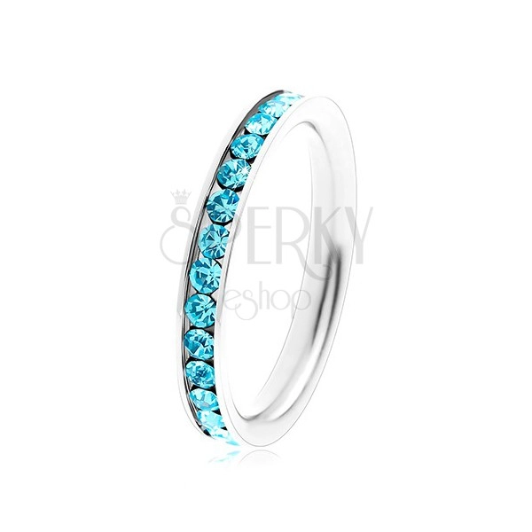 Ring made of surgical steel - round zircons in aquamarine colour
