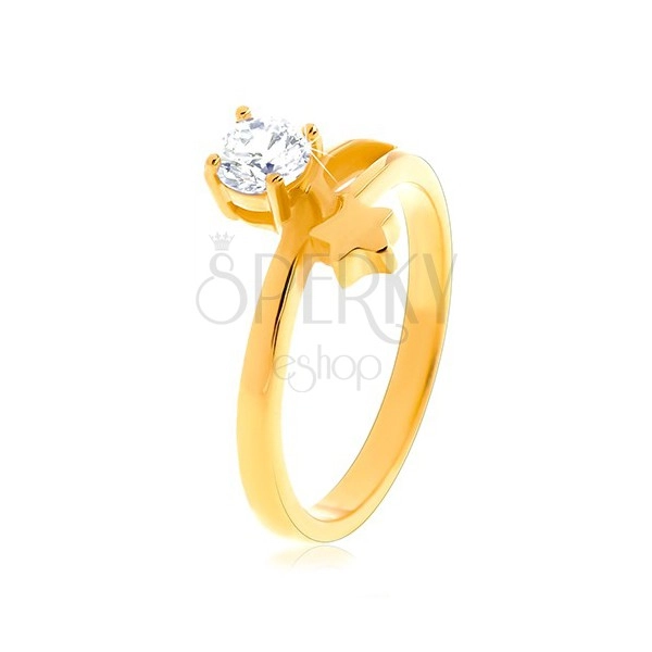Steel ring in gold colour, star and round clear zircon