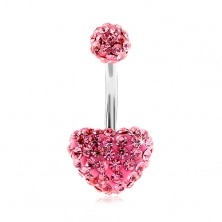 Steel bellybutton piercing, ball and heart, pink sparkly zircons