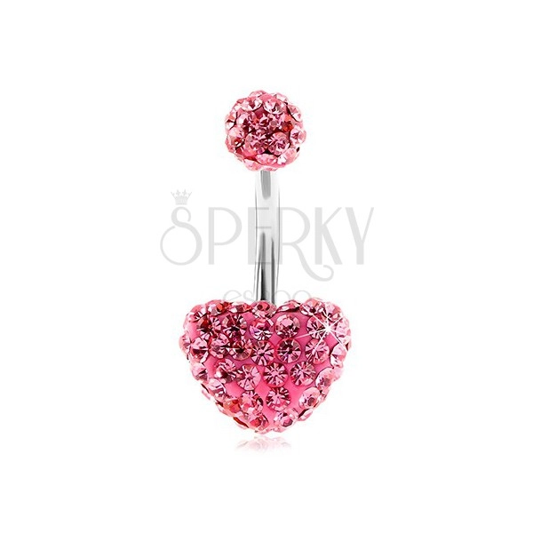 Steel bellybutton piercing, ball and heart, pink sparkly zircons
