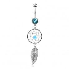 Bellybutton piercing, surgical steel, dreamcatcher, light blue bead, feather