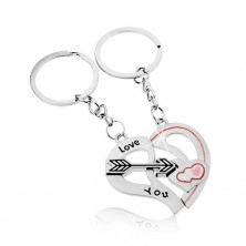 Steel keychains for couple, silver colour, two halves of a heart, arrow, inscription