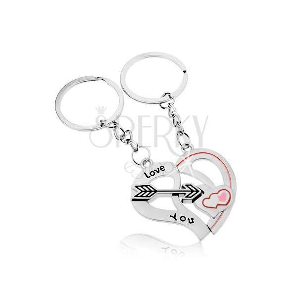 Steel keychains for couple, silver colour, two halves of a heart, arrow, inscription