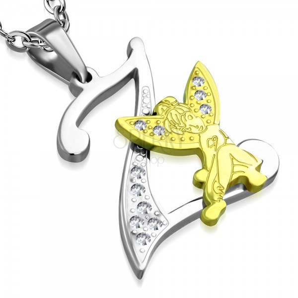 Steel pendant, letter Z decorated with clear zircons, fairy in gold colour
