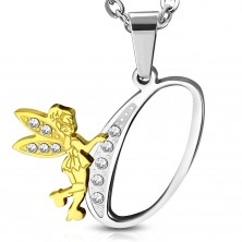 Pendant made of 316L steel, letter O with fairy, bicoloured design, clear zircons