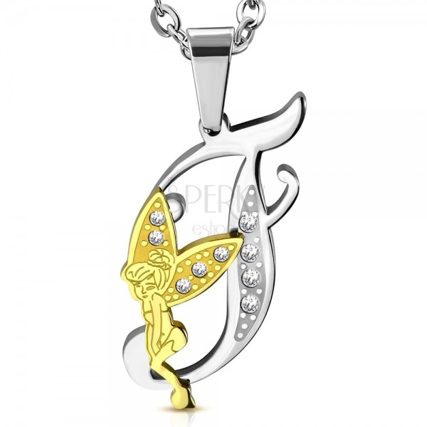 Pendant made of 316L steel, letter F with fairy, bicoloured design, clear zircons