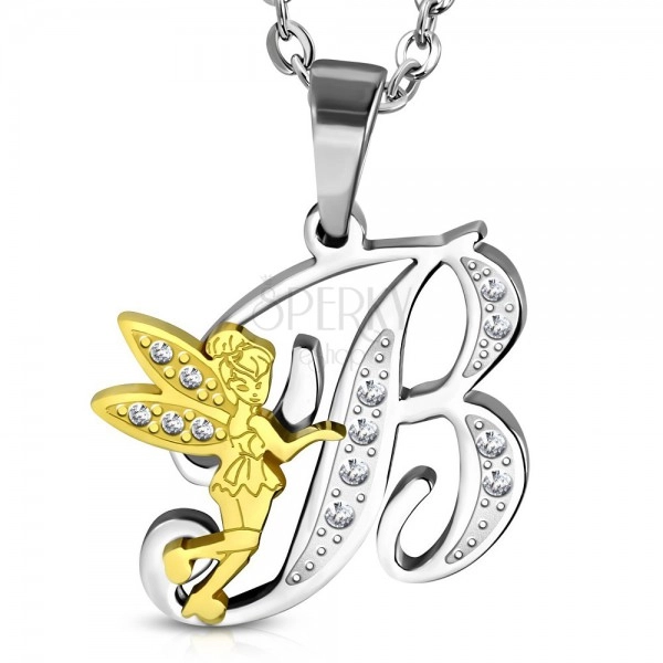 Pendant made of surgical steel, capital letter B with fairy and clear zircons