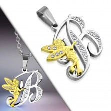 Pendant made of surgical steel, capital letter B with fairy and clear zircons