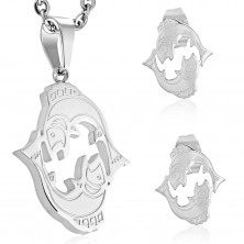 Set made of 316L steel in silver colour - pendant and earrings, zodiac sign PISCES