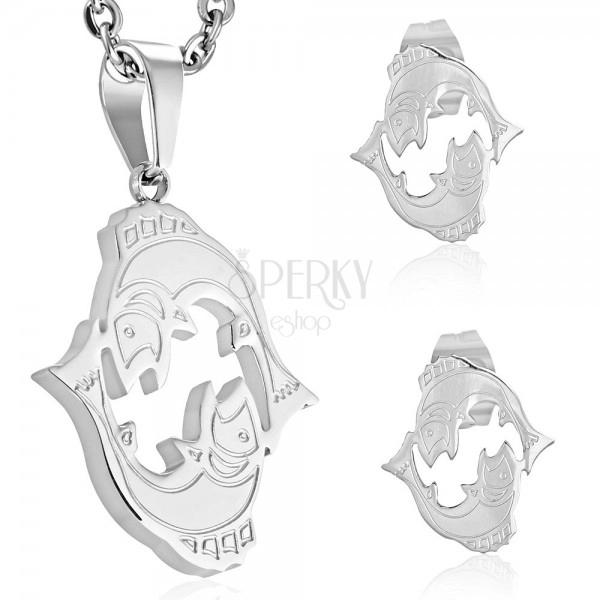 Set made of 316L steel in silver colour - pendant and earrings, zodiac sign PISCES